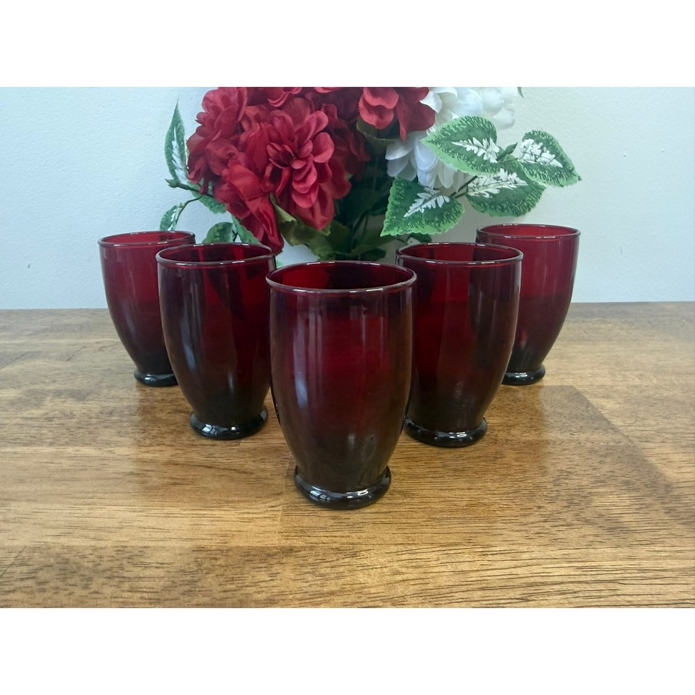 Vintage Anchor Hocking Baltic Royal Ruby Juice 5 Glasses MCM Barware Retro